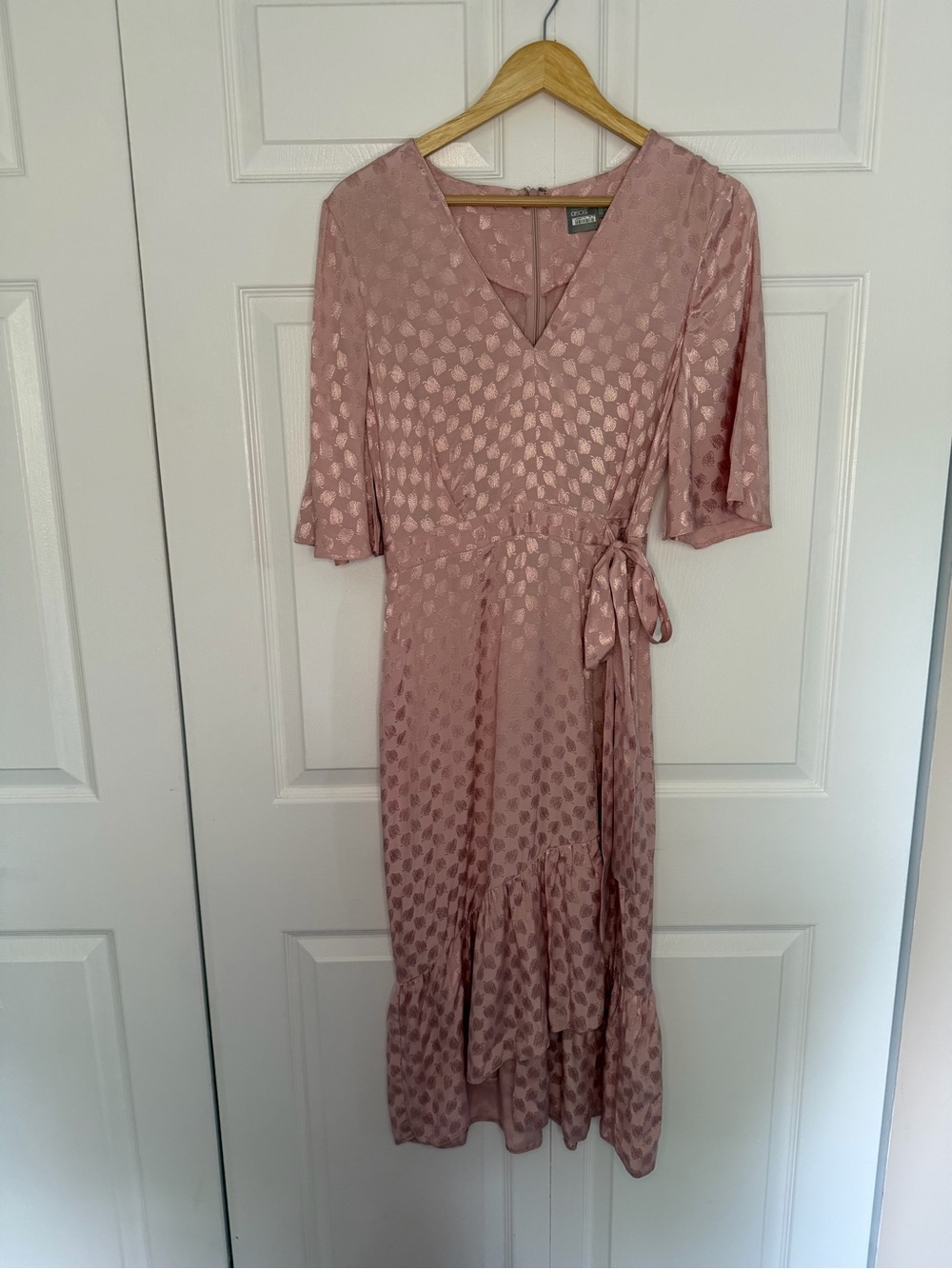 ASOS Design Pink Satin Wrap Midi Dress High Low Hem Womens Sz 6 Romantic Ruffles